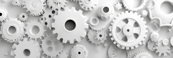 An overhead close-up of numerous interlocking white gears of varying sizes, creating a complex mechanical pattern