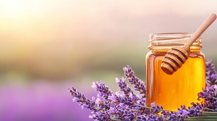 A honey jar beside a blooming lavender plant, emphasizing floral source and natural purity, soft light
