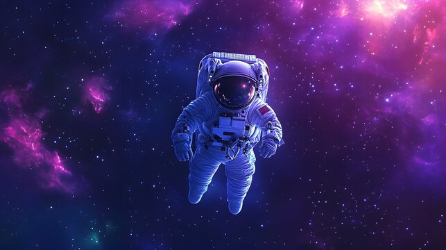 Digital illustration of an astronaut floating in a nebula-filled, star-studded dark space.