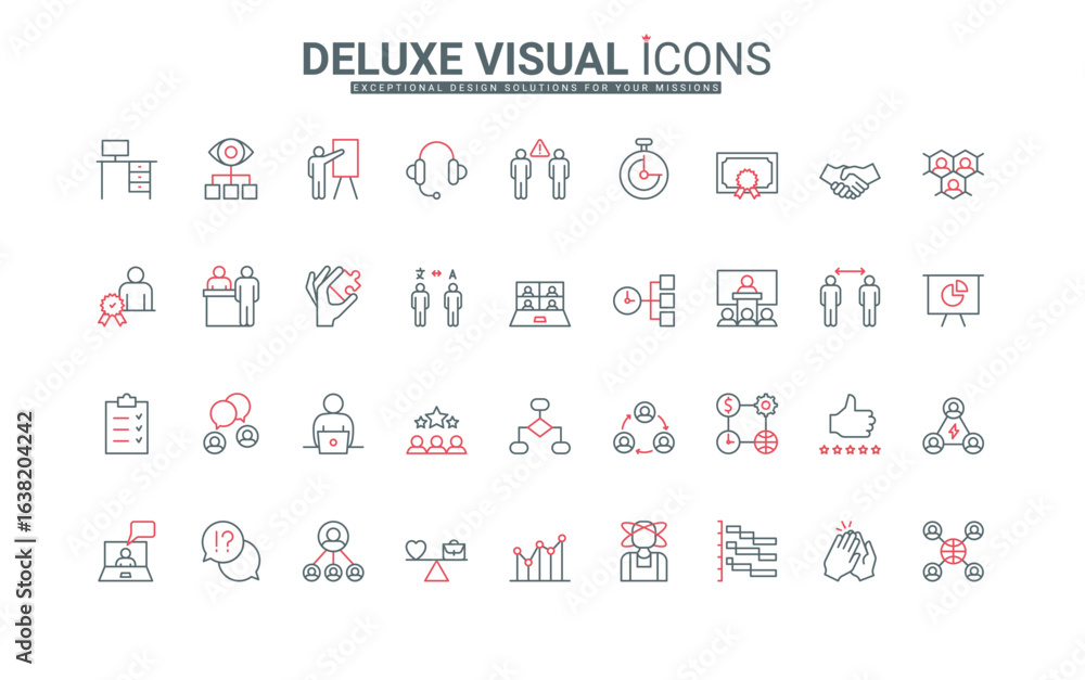Poster business communication in office, team structure line icon set. work life balance scales and vision,