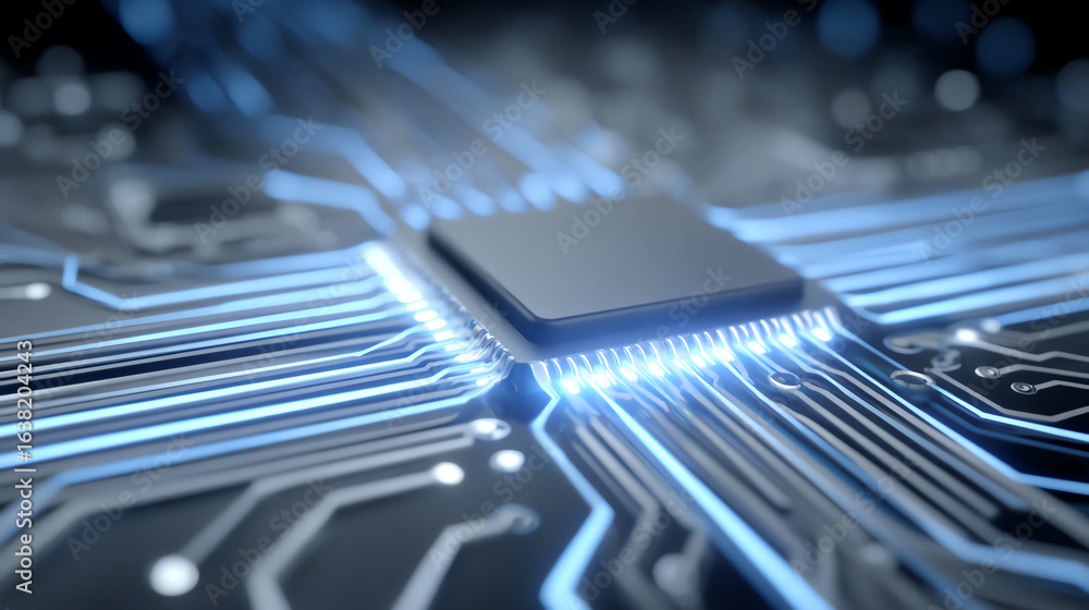 Poster close-up of a computer circuit board with a microchip, showcasing intricate designs and glowing conn