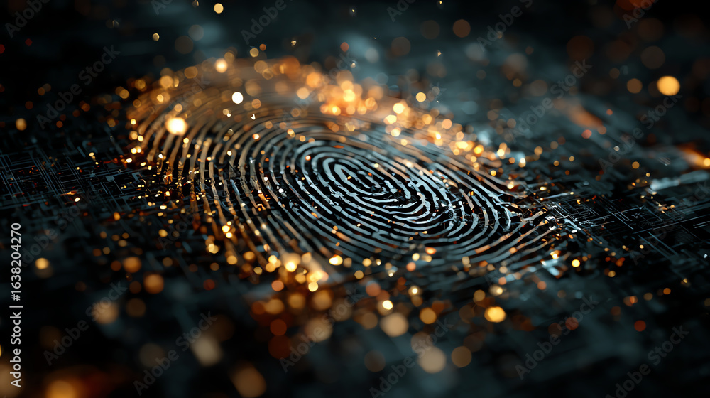 Poster close-up of a digital fingerprint illuminated by glowing particles, illustrating security and identi