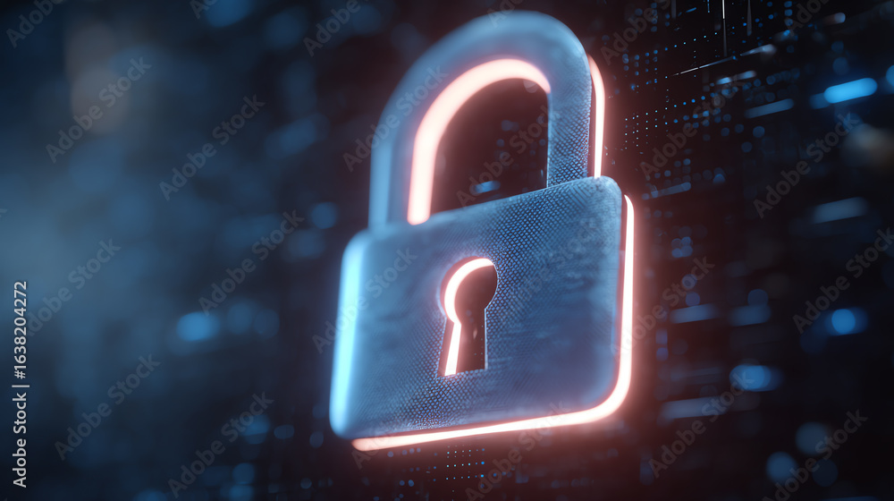 Poster close-up of a digital padlock symbolizing cybersecurity and data protection in a modern digital envi