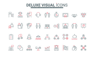 Business communication in office, team structure line icon set. Work life balance scales and vision, problem solving algorithm and agreement thin black and red outline symbols vector illustration