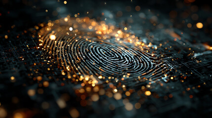 Close-up of a digital fingerprint illuminated by glowing particles, illustrating security and identity verification in modern technology.