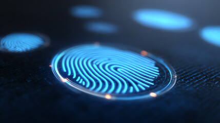 Close-up of a digital fingerprint sensor displaying intricate patterns in vibrant blue light, symbolizing security and identification.