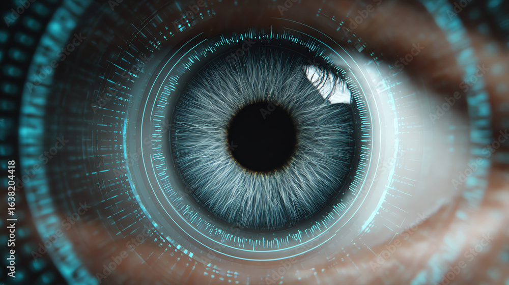 Poster close-up of a human eye with digital elements, representing technology and innovation in data recogn