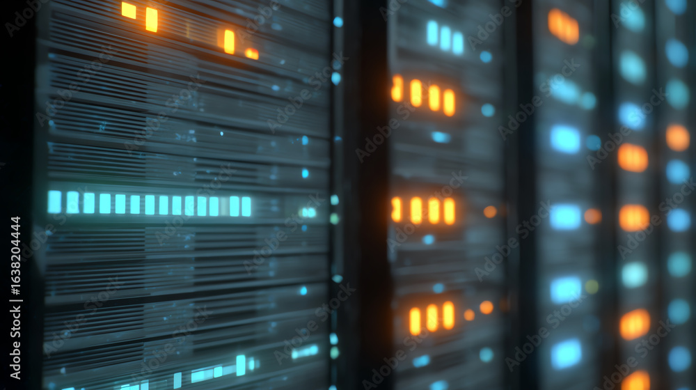 Poster close-up of a modern data server, showcasing bright lights and digital patterns. ideal for tech-rela