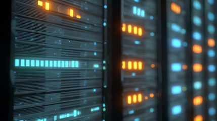 Fototapeta premium Close-up of a modern data server, showcasing bright lights and digital patterns. Ideal for tech-related projects or articles.