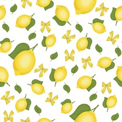 Seamless Lemon Pattern with Yellow Bows and Green Leaves on White Background