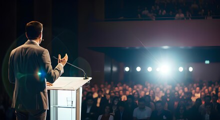 A male speaker in a suit stands at a lectern, presenting to a large audience in a dark auditorium.