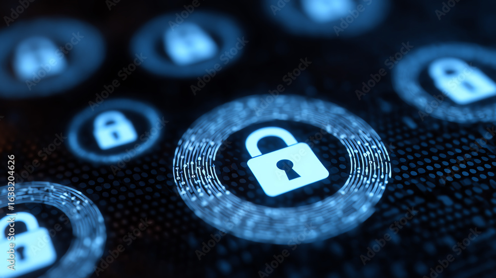 Poster close-up of digital padlocks symbolizing data security and protection in a technological environment