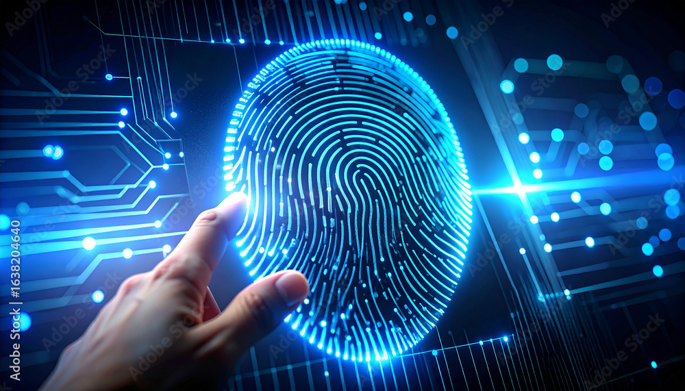 Poster fingerprint authentication: a digital fingerprint glows with intricate lines, a symbol of secure ide