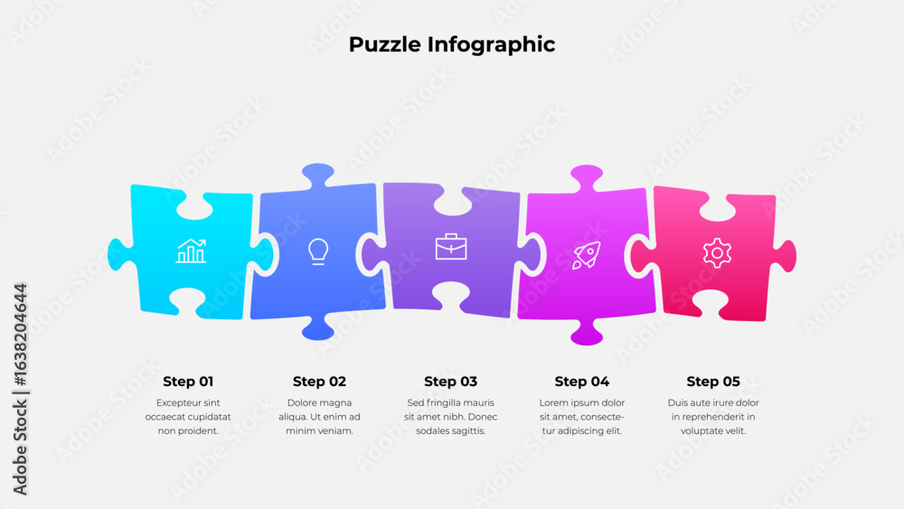 Aufkleber modern infographic with connected colorful puzzle pieces illustrating five sequential steps for busi