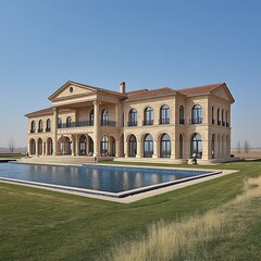 Fototapeta premium A Luxurious Mansion Is Seen Beside a Large Swimming Pool