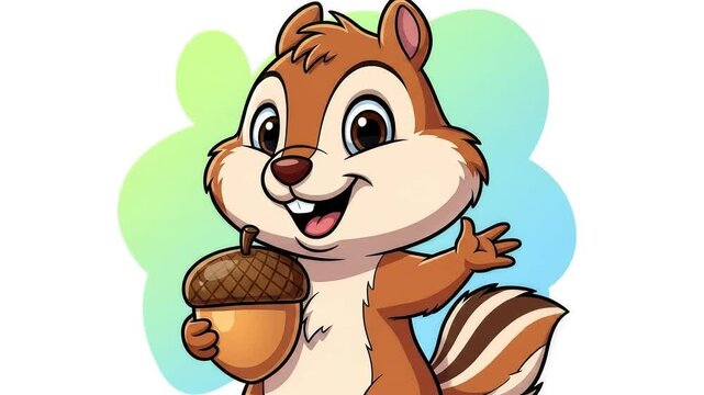 Cartoon Chipmunk Waving Holding Acorn Illustration on White Background