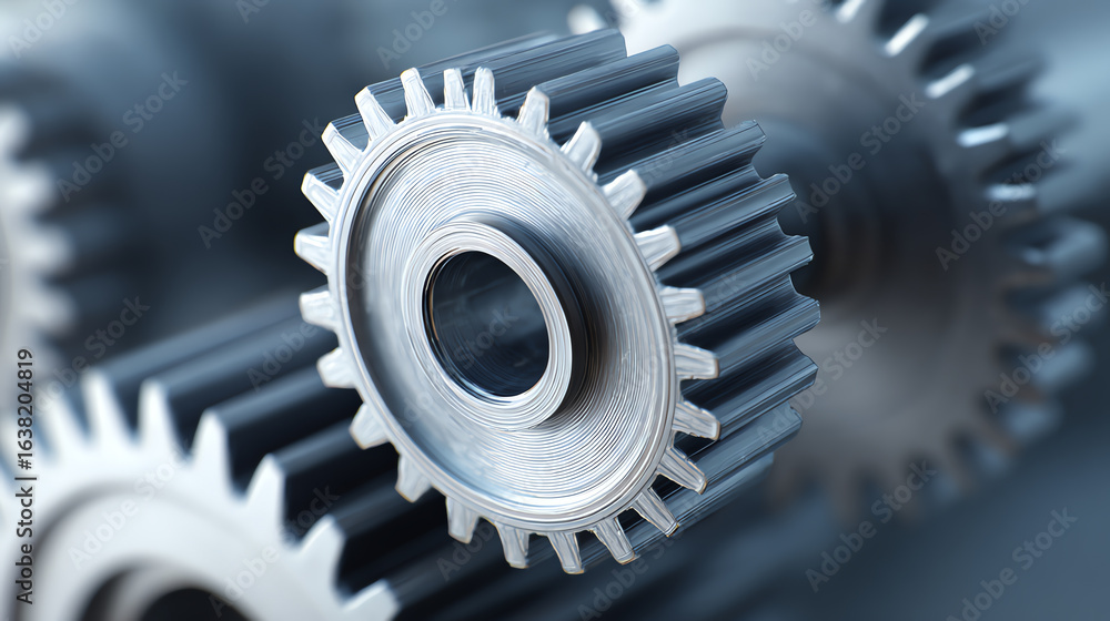 Poster close-up of metallic gears showing intricate design and precision engineering, ideal for industrial 