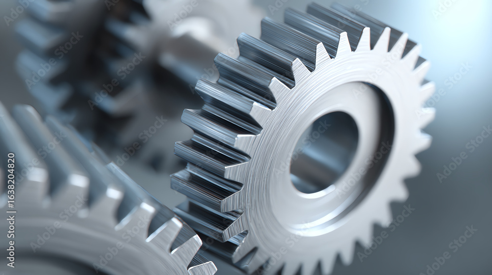 Poster close-up of metallic gears showcasing precision engineering and mechanical functionality in a modern