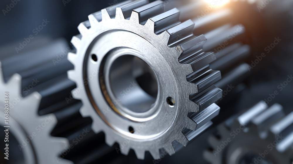 Poster close-up of precision gears showcasing intricate details and modern engineering in a mechanical sett
