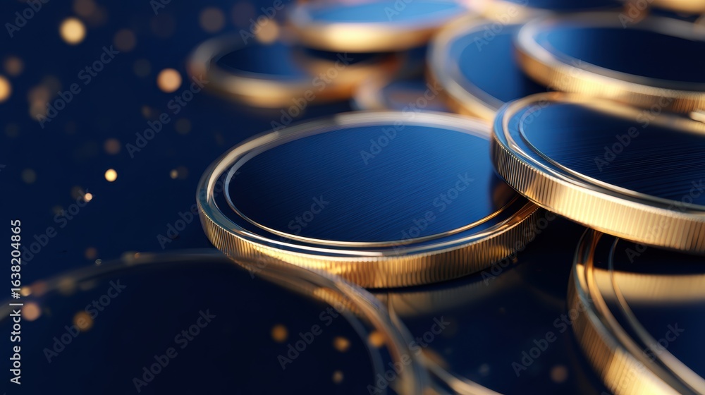 Aufkleber Close-up view of shiny gold coins stacked with a blurred background of soft bokeh lights