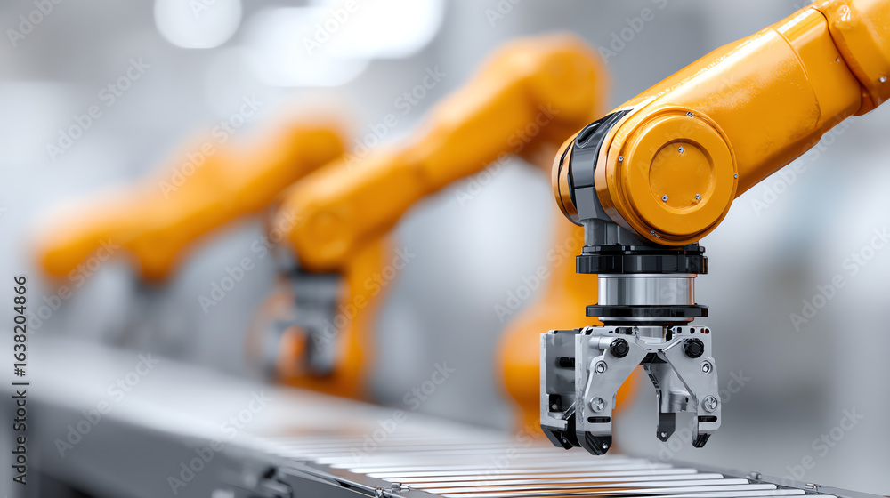 Poster close-up of robotic arms assembling products in a modern factory, showcasing automation and technolo