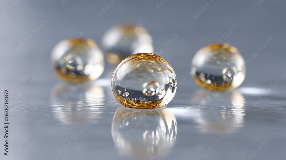 Aufkleber close-up of translucent orbs reflecting light, creating an abstract pattern on a sleek surface, evok