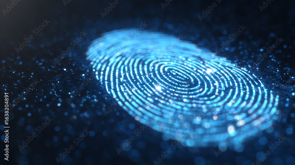 Poster close-up view of a blue fingerprint illuminated against a dark background, representing security and