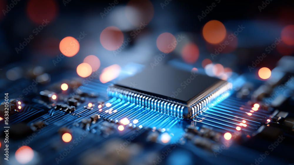 Poster close-up view of a microchip on a circuit board, showcasing intricate details and glowing lights, re