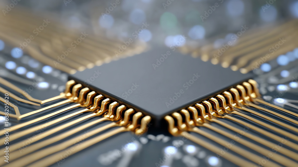 Poster close-up view of a microchip, showcasing intricate circuitry and design, representing advancements i