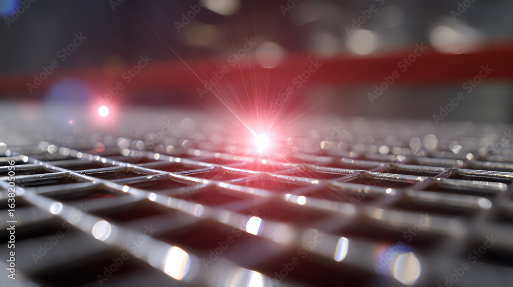Poster close-up view of a metallic grid with light reflections, showcasing modern technology and intricate 