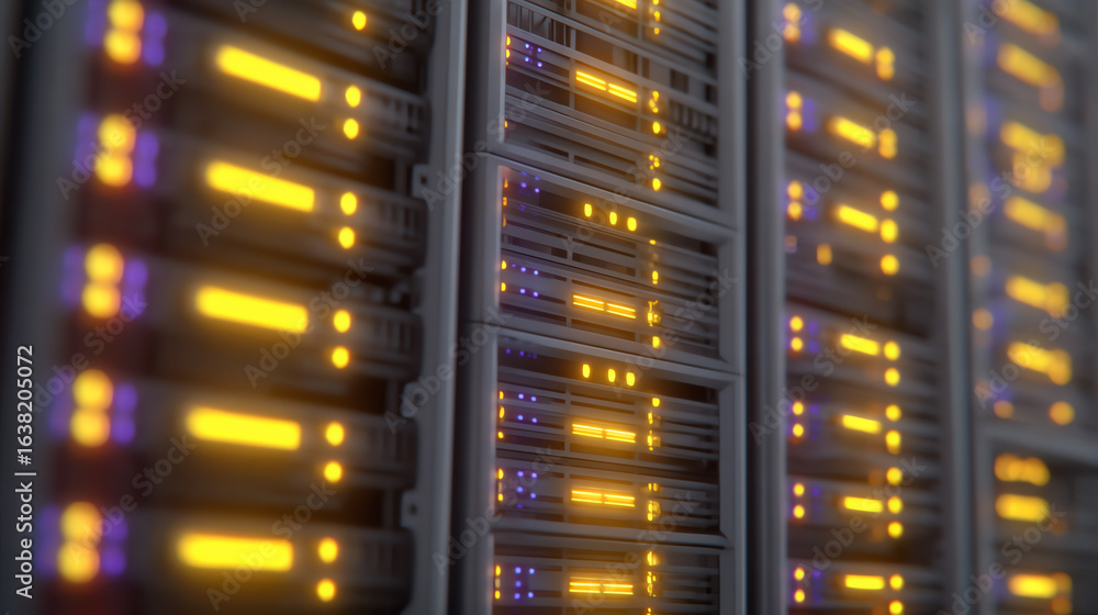 Poster close-up view of a modern server rack, showcasing lights and technology in data storage and computin