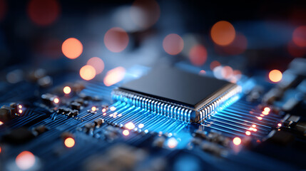 Close-up view of a microchip on a circuit board, showcasing intricate details and glowing lights, representing advanced technology.