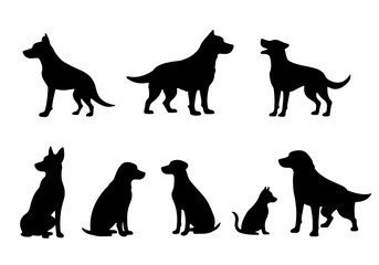 Dog silhouettes vector set collection of running and standing dogs simple black animal shapes design