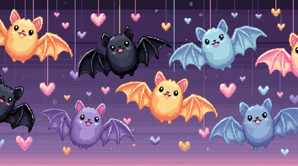 Cute pixel bats with hearts seamless pattern on purple gradient