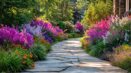 Obraz premium Peaceful front garden with vibrant colors emerging as the sun rises over the horizon