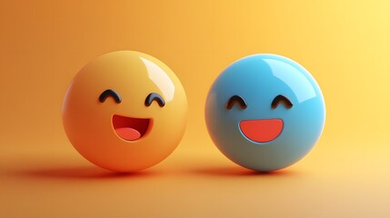 Fototapeta premium 3D render of two smiling, cartoonish, spherical emojis on a bright yellow background.