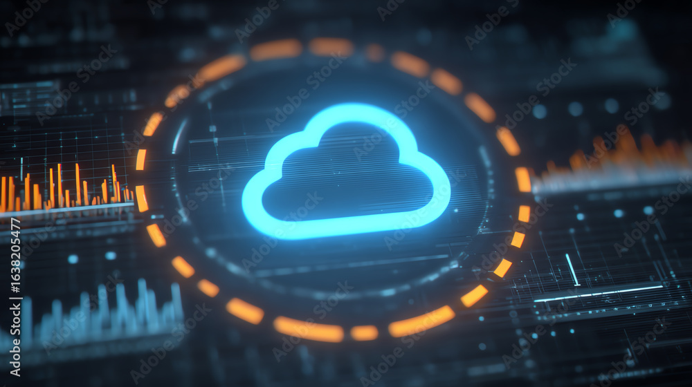 Poster digital cloud storage icon on a futuristic interface, representing data management and technology ad