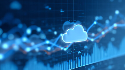 Digital cloud graphic overlaying a data visualization, representing cloud computing and data analysis in a modern workspace.
