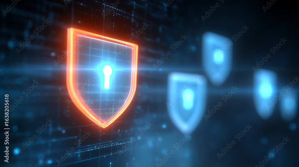 Poster digital security shields with glowing elements against a futuristic background represent cybersecuri