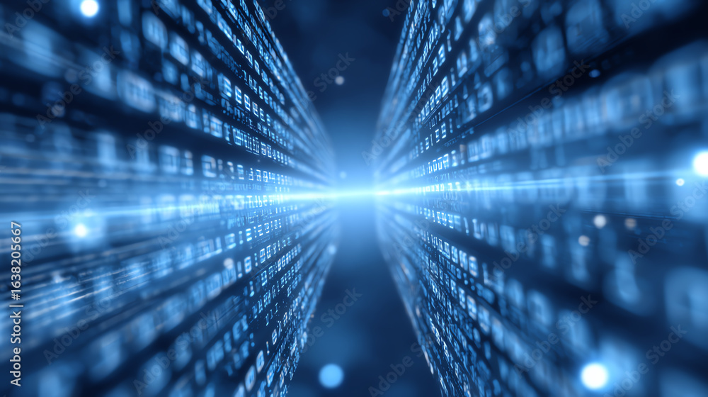 Poster dynamic blue digital landscape illustrating data flow with binary elements, symbolizing innovation a