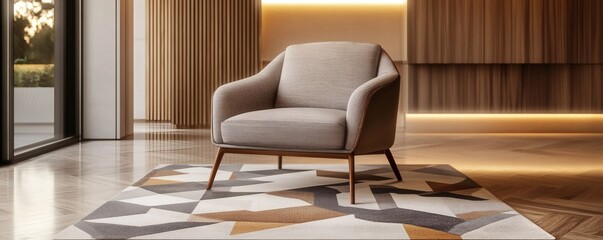 An elegant upholstered armchair rests upon a modern geometric patterned rug
