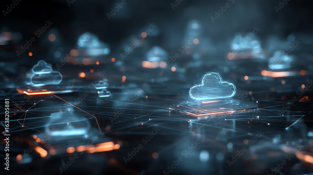 Poster futuristic abstract digital clouds connected in a network, symbolizing cloud computing and modern te