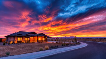 Obraz premium Stunning sunset over a modern house with vibrant colors illuminating the sky and surrounding landscape