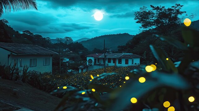 Nighttime village, moonlit, glowing plants