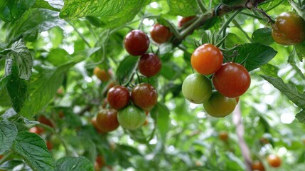 Obraz premium Tomato plant in late summer with dense foliage, visible stems and hanging red fruit
