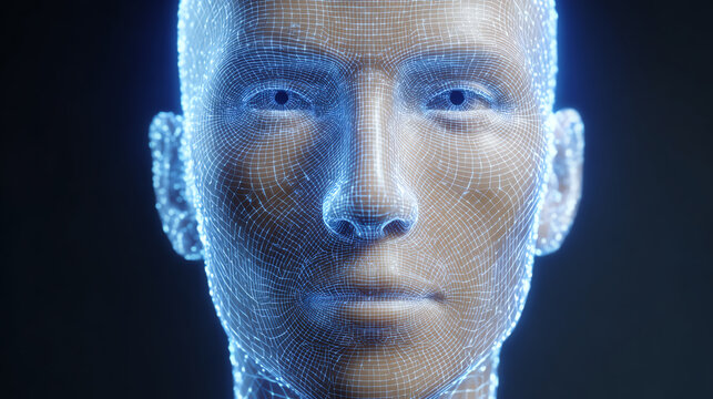 Futuristic digital face created using advanced 3D modeling techniques, reflecting the progress in artificial intelligence and design. - Powered by Adobe