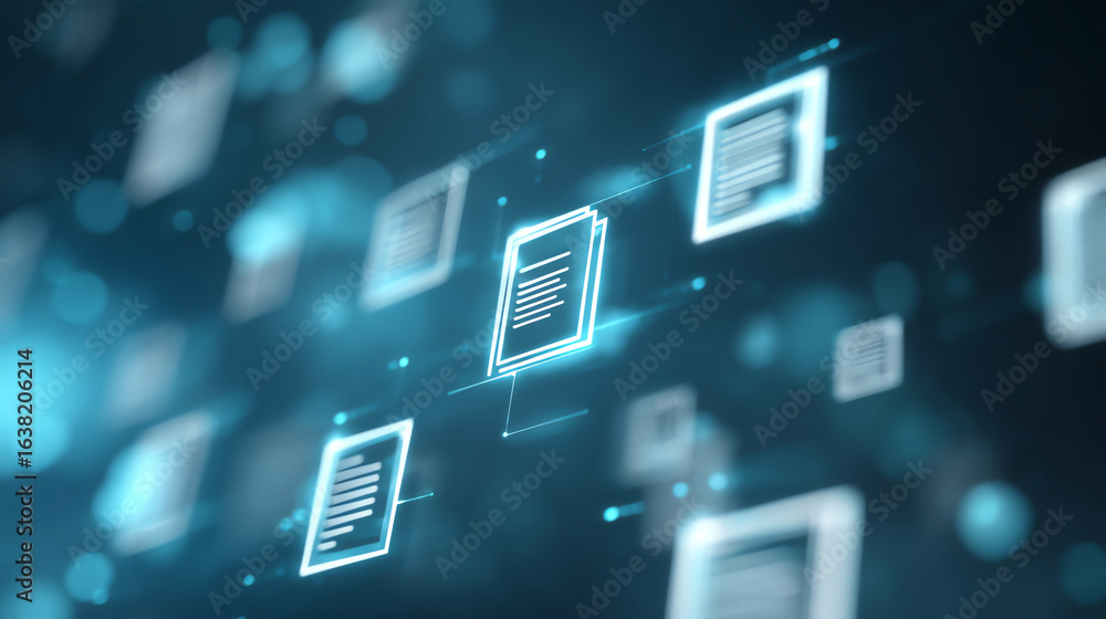 Poster futuristic digital interface displaying documents and data connections in a vibrant, high-tech envir