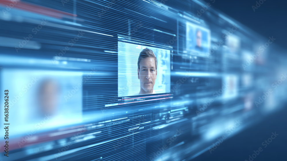 Poster futuristic digital interface showing multiple profiles connected through a network, symbolizing data