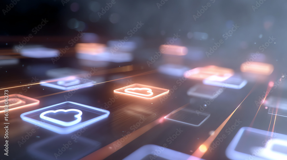 Poster futuristic digital interface with glowing icons and lines, representing modern technology and connec