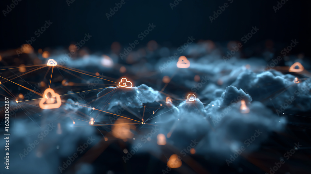Poster futuristic digital landscape showcasing interconnected clouds and glowing nodes, representing the co
